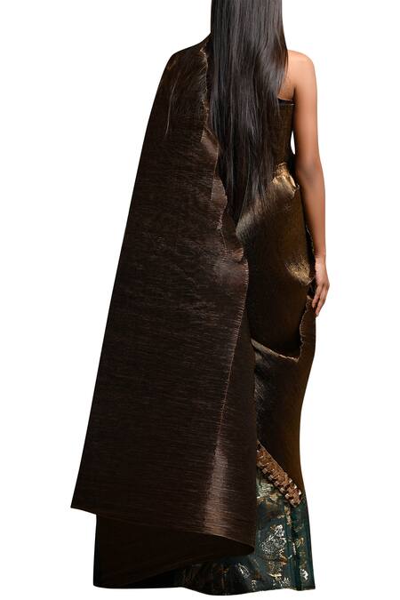 Shop_Kiran Uttam Ghosh_Gold Pleated Polyester Round Drape And Skirt Set _at_Aza_Fashions