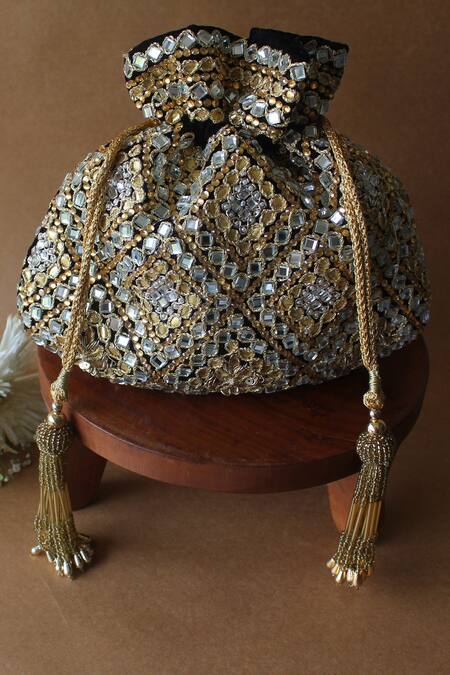 Nayaab By Sonia_Black Embroidery Velvet Abla Work Potli_Online_at_Aza_Fashions