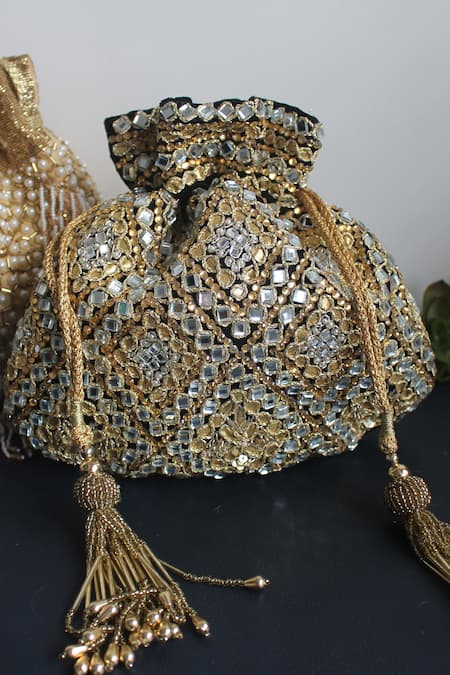 Buy_Nayaab By Sonia_Black Embroidery Velvet Abla Work Potli_Online_at_Aza_Fashions