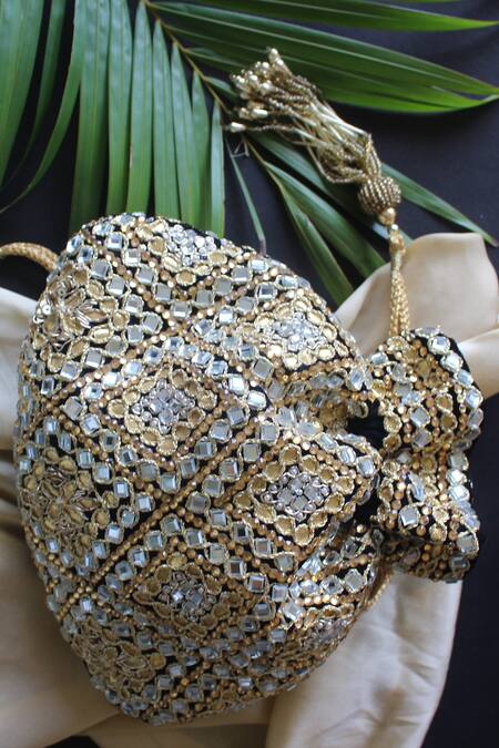 Nayaab By Sonia_Black Embroidery Velvet Abla Work Potli_at_Aza_Fashions