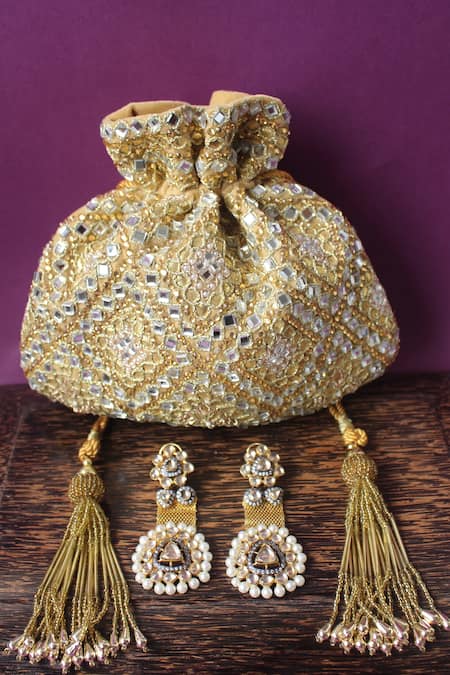 Nayaab By Sonia Gold Embroidery Velvet Abla Work Potli 