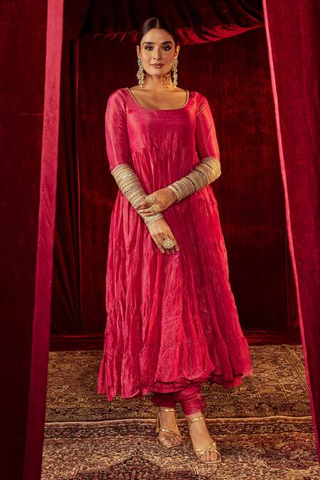 Roze Fuchsia Anarkali Shimmer Soft Tissue, Churidar Pure Chanderi, Arya Tiered Set Online at Aza Fashions Roze_Fuchsia Anarkali Shimmer Soft Tissue, Churidar Pure Chanderi, Arya Tiered Set _Online_at_Aza_Fashions