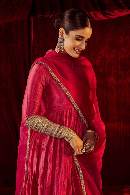 Shop Roze Fuchsia Anarkali Shimmer Soft Tissue, Churidar Pure Chanderi, Arya Tiered Set Online at Aza Fashions Shop_Roze_Fuchsia Anarkali Shimmer Soft Tissue, Churidar Pure Chanderi, Arya Tiered Set _Online_at_Aza_Fashions