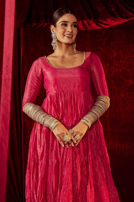 Roze Fuchsia Anarkali Shimmer Soft Tissue, Churidar Pure Chanderi, Arya Tiered Set at Aza Fashions Roze_Fuchsia Anarkali Shimmer Soft Tissue, Churidar Pure Chanderi, Arya Tiered Set _at_Aza_Fashions