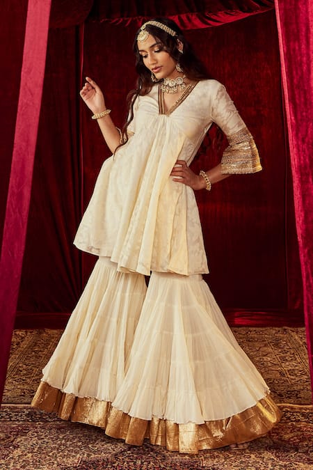 Buy Roze Ivory Dupatta Original Mukaish Organza, Kurta Silk Jodha Jacquard Peplum Set Online at Aza Fashions Buy_Roze_Ivory Dupatta Original Mukaish Organza, Kurta Silk Jodha Jacquard Peplum Set _Online_at_Aza_Fashions