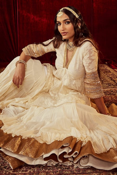 Shop Roze Ivory Dupatta Original Mukaish Organza, Kurta Silk Jodha Jacquard Peplum Set Online at Aza Fashions Shop_Roze_Ivory Dupatta Original Mukaish Organza, Kurta Silk Jodha Jacquard Peplum Set _Online_at_Aza_Fashions