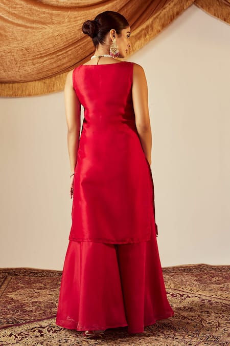 Shop_Roze_Red Soft Organza Tissue Hand Embroidered Lace And Sequin Work Nisa Kurta Pant Set _at_Aza_Fashions