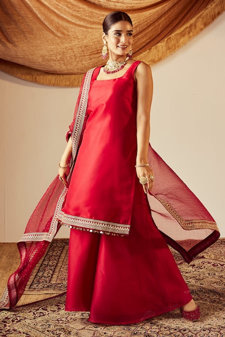 Buy_Roze_Red Soft Organza Tissue Hand Embroidered Lace And Sequin Work Nisa Kurta Pant Set _Online_at_Aza_Fashions