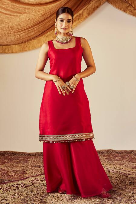 Shop_Roze_Red Soft Organza Tissue Hand Embroidered Lace And Sequin Work Nisa Kurta Pant Set _Online_at_Aza_Fashions