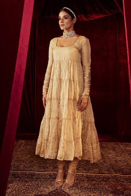 Buy Roze Gold Anarkali Tissue, Churidar Chanderi, Dupatta Sahiba Tiered Set Online at Aza Fashions Buy_Roze_Gold Anarkali Tissue, Churidar Chanderi, Dupatta Sahiba Tiered Set _Online_at_Aza_Fashions