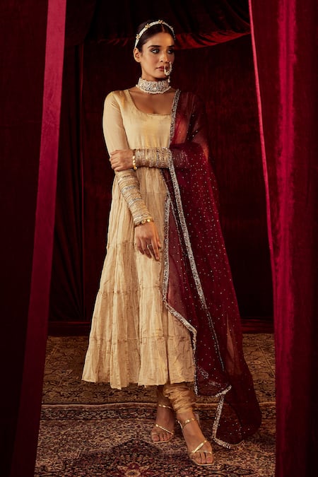 Shop Roze Gold Anarkali Tissue, Churidar Chanderi, Dupatta Sahiba Tiered Set Online at Aza Fashions Shop_Roze_Gold Anarkali Tissue, Churidar Chanderi, Dupatta Sahiba Tiered Set _Online_at_Aza_Fashions