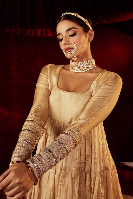 Roze Gold Anarkali Tissue, Churidar Chanderi, Dupatta Sahiba Tiered Set at Aza Fashions Roze_Gold Anarkali Tissue, Churidar Chanderi, Dupatta Sahiba Tiered Set _at_Aza_Fashions