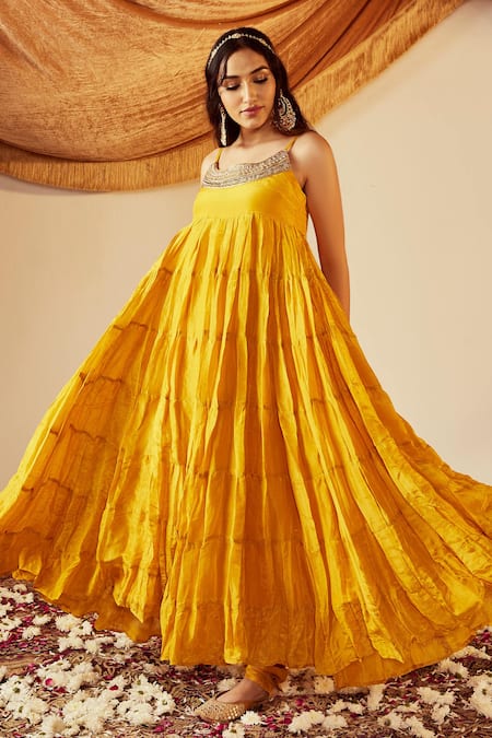 Roze Yellow Anarkali Soft Shimmer Tissue, Churidar Pure Sahiba Tiered Set Online at Aza Fashions Roze_Yellow Anarkali Soft Shimmer Tissue, Churidar Pure Sahiba Tiered Set _Online_at_Aza_Fashions