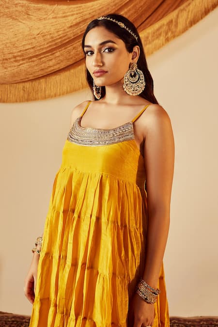 Buy Roze Yellow Anarkali Soft Shimmer Tissue, Churidar Pure Sahiba Tiered Set Online at Aza Fashions Buy_Roze_Yellow Anarkali Soft Shimmer Tissue, Churidar Pure Sahiba Tiered Set _Online_at_Aza_Fashions