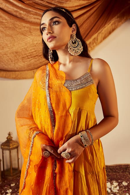 Shop Roze Yellow Anarkali Soft Shimmer Tissue, Churidar Pure Sahiba Tiered Set Online at Aza Fashions Shop_Roze_Yellow Anarkali Soft Shimmer Tissue, Churidar Pure Sahiba Tiered Set _Online_at_Aza_Fashions