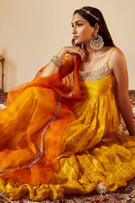 Roze Yellow Anarkali Soft Shimmer Tissue, Churidar Pure Sahiba Tiered Set at Aza Fashions Roze_Yellow Anarkali Soft Shimmer Tissue, Churidar Pure Sahiba Tiered Set _at_Aza_Fashions