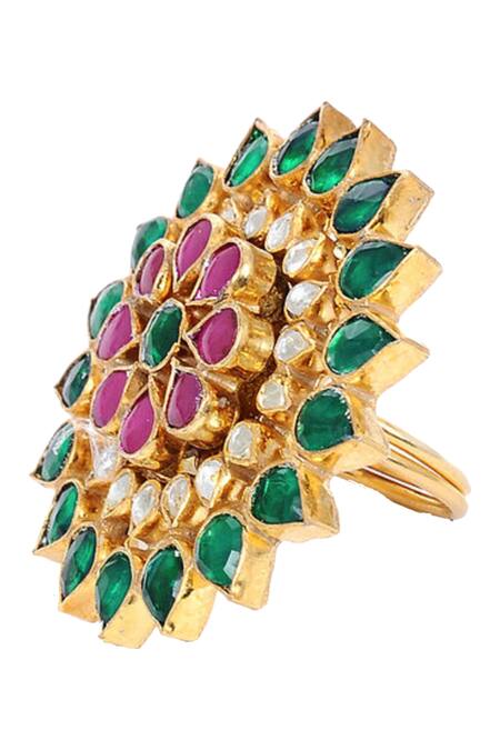 Buy_Riana Jewellery_Gold Plated Stones Floral Ring _Online_at_Aza_Fashions