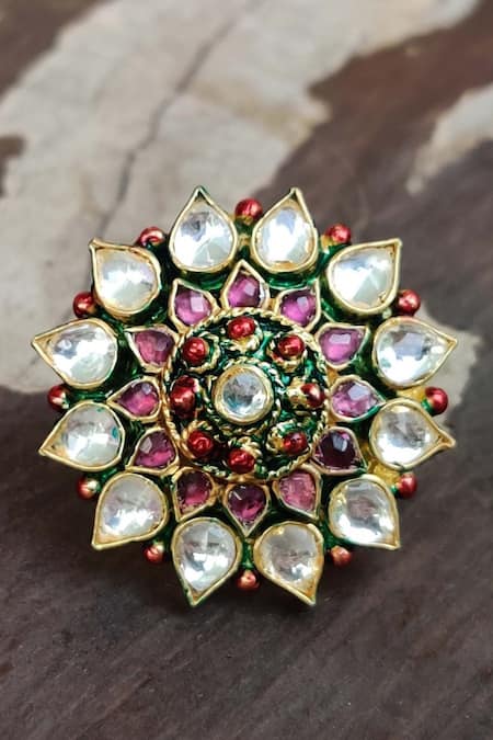 Shop Riana Jewellery Gold Plated Stones Floral Ring at Aza Fashions Shop_Riana Jewellery_Gold Plated Stones Floral Ring _at_Aza_Fashions