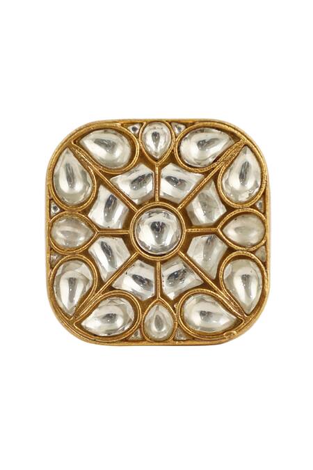 Riana Jewellery_Gold Plated Glitter, Stones, Pearls Square Motif Ring _Online_at_Aza_Fashions