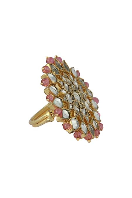 Buy_Riana Jewellery_Gold Plated Beads, Diamonds Floral Stone Ring _Online_at_Aza_Fashions