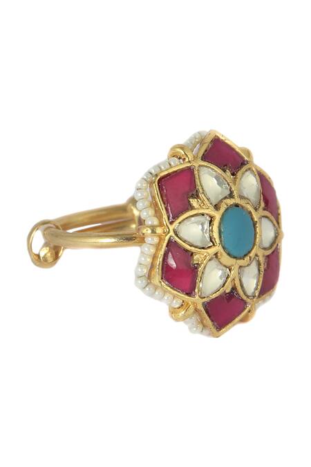 Riana Jewellery_Gold Plated Pearls Floral Stone Ring _Online_at_Aza_Fashions
