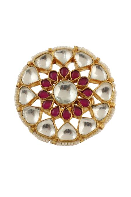 Riana Jewellery_Gold Plated Glitter, Stones Floral Carved Ring _Online_at_Aza_Fashions