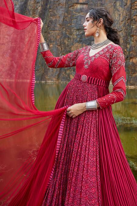 Buy_Awigna_Maroon Georgette Mirror V Neck Printed Anarkali With Dupatta_Online_at_Aza_Fashions