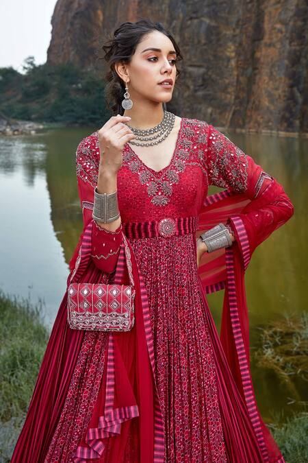 Shop_Awigna_Maroon Georgette Mirror V Neck Printed Anarkali With Dupatta_Online_at_Aza_Fashions