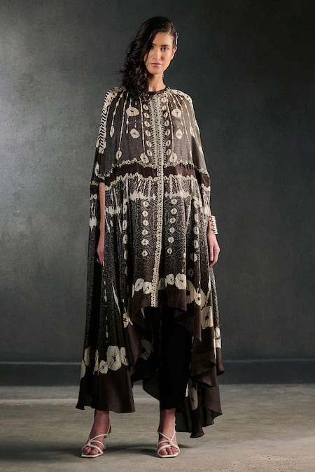 Rajdeep Ranawat Black Silk Caprice Bandhani Print Cape Tunic And Pant Set  