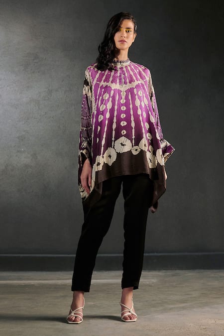 Rajdeep Ranawat Purple Silk Bandhani Print Asymmetric Top And Pant Set  