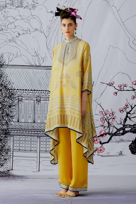 Rajdeep Ranawat Yellow Kurta Silk Pant Satin Band Navya Printed Set