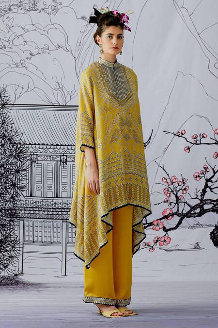 Rajdeep Ranawat_Yellow Kurta Silk Pant Satin Band Navya Printed Set_Online_at_Aza_Fashions