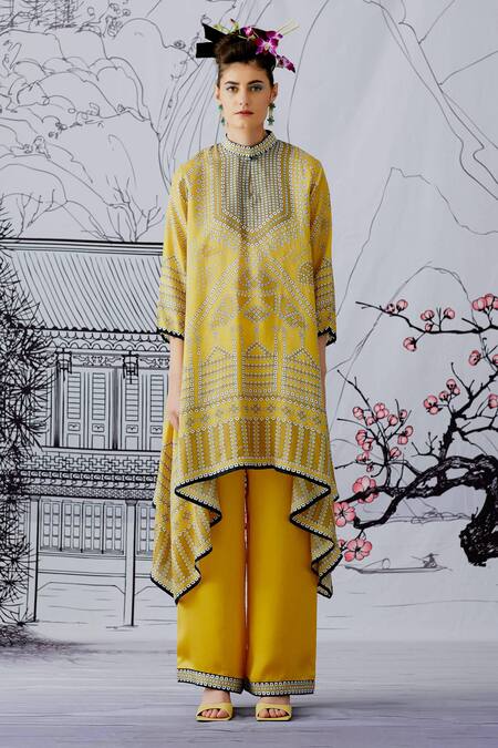 Buy_Rajdeep Ranawat_Yellow Kurta Silk Pant Satin Band Navya Printed Set_Online_at_Aza_Fashions