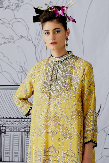 Shop_Rajdeep Ranawat_Yellow Kurta Silk Pant Satin Band Navya Printed Set_Online_at_Aza_Fashions