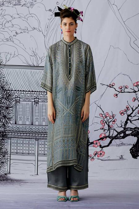 Rajdeep Ranawat_Grey , Satin, Kota Band Ghazala Tunic Set_Online_at_Aza_Fashions