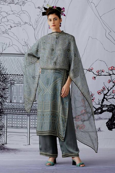 Buy_Rajdeep Ranawat_Grey , Satin, Kota Band Ghazala Tunic Set_Online_at_Aza_Fashions