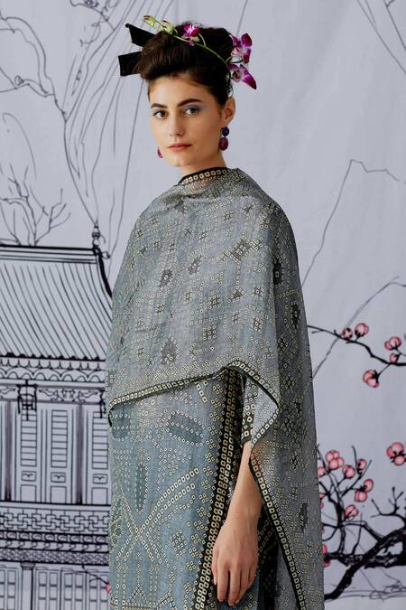 Shop_Rajdeep Ranawat_Grey , Satin, Kota Band Ghazala Tunic Set_Online_at_Aza_Fashions