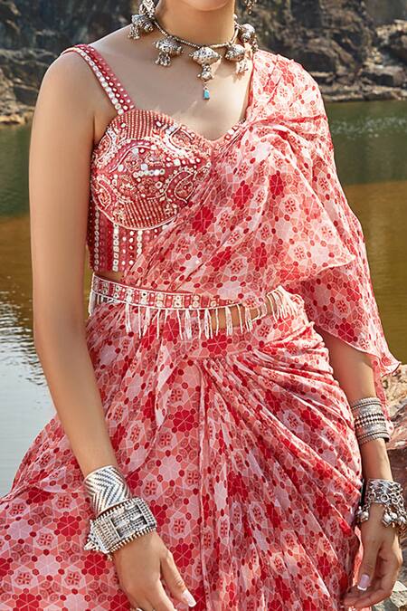Shop_Awigna_Peach Georgette Sweetheart Neck Printed Pre-draped Saree With Blouse_Online_at_Aza_Fashions