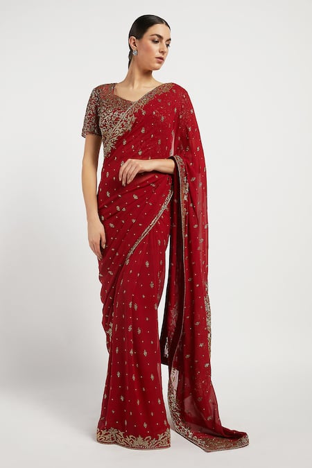 Rabani & Rakha_Maroon Georgette V Neck Zaynab Saree With Blouse _Online_at_Aza_Fashions