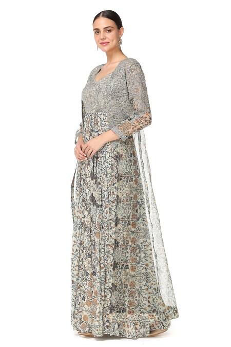 Rabani & Rakha Grey Organza, Georgette V Neck Printed Gown With Jacket Online at Aza Fashions Rabani & Rakha_Grey Organza, Georgette V Neck Printed Gown With Jacket _Online_at_Aza_Fashions