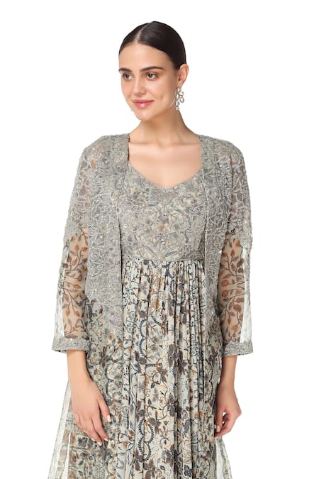 Buy Rabani & Rakha Grey Organza, Georgette V Neck Printed Gown With Jacket Online at Aza Fashions Buy_Rabani & Rakha_Grey Organza, Georgette V Neck Printed Gown With Jacket _Online_at_Aza_Fashions
