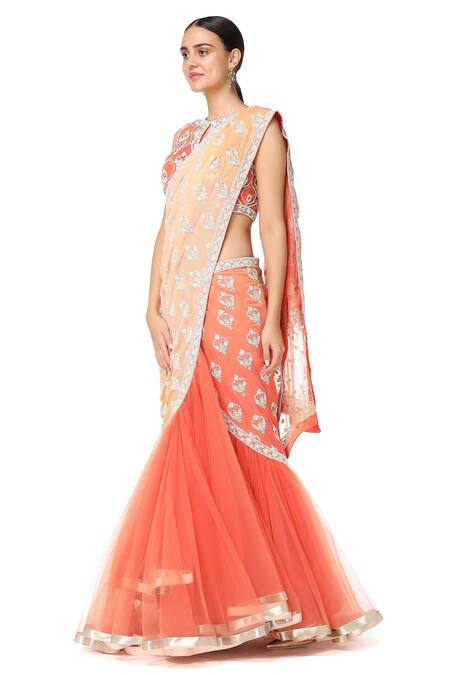 Rabani & Rakha Orange Organza, Net, Georgette, Dupion Embroidered Lehenga Saree With Blouse Online at Aza Fashions Rabani & Rakha_Orange Organza, Net, Georgette, Dupion Embroidered Lehenga Saree With Blouse _Online_at_Aza_Fashions