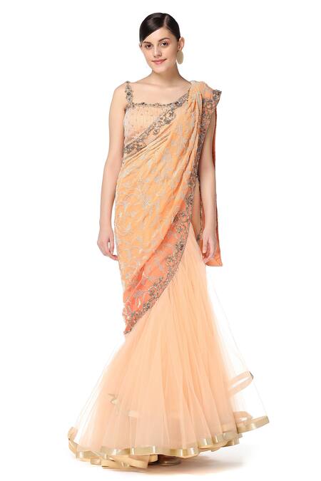 Rabani & Rakha Orange Net Square Neck Embroidered Lehenga Saree With Blouse Online at Aza Fashions Rabani & Rakha_Orange Net Square Neck Embroidered Lehenga Saree With Blouse _Online_at_Aza_Fashions