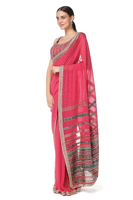 Rabani & Rakha_Pink Saree Georgette Blouse Net Scoop Neck Embroidered With _Online_at_Aza_Fashions