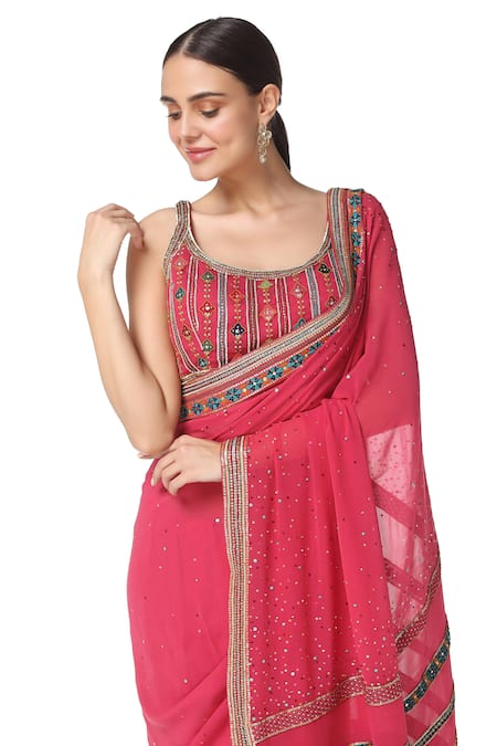 Buy_Rabani & Rakha_Pink Saree Georgette Blouse Net Scoop Neck Embroidered With _Online_at_Aza_Fashions