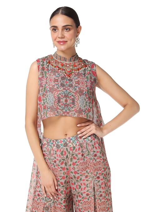 Buy_Rabani & Rakha_Multi Color Georgette Mandarin Collar Printed Top And Palazzo Set  _Online_at_Aza_Fashions