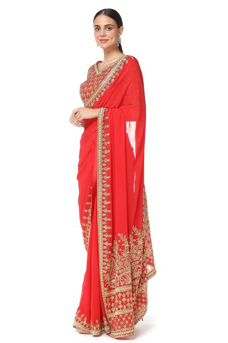Rabani & Rakha_Red Net, Georgette, Satin V Neck Embroidered Saree With Blouse _Online_at_Aza_Fashions