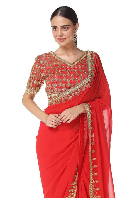 Buy_Rabani & Rakha_Red Net, Georgette, Satin V Neck Embroidered Saree With Blouse _Online_at_Aza_Fashions