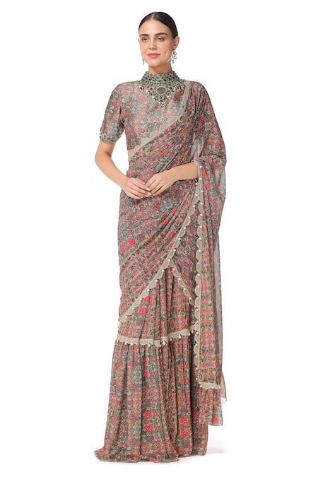 Rabani & Rakha Printed Pre-Draped Saree with Blouse 