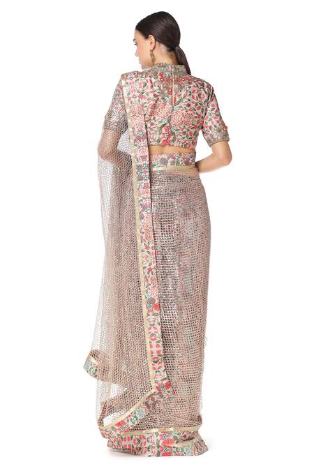 Shop_Rabani & Rakha_Beige High Neck Printed Saree With Blouse _at_Aza_Fashions